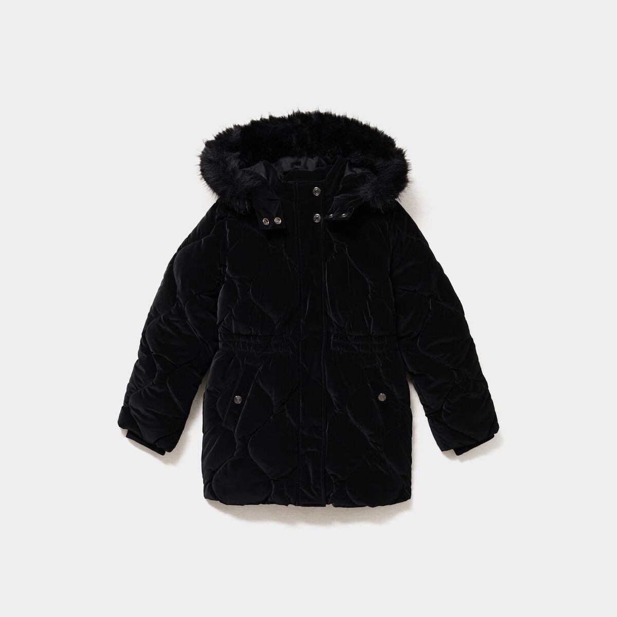 Doudoune mi-longue d&eacute;perlante &agrave; capuche noir fille