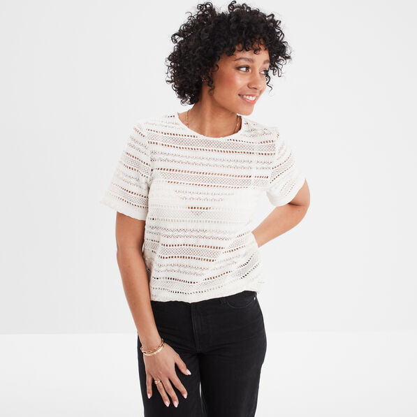 t shirt effet macrame col rond creeks blanc femme T-shirt effet macramé col rond Creeks blanc femme