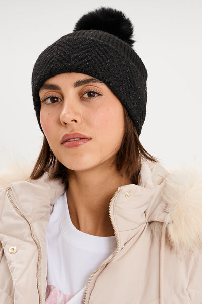 Bonnet &agrave; pompon noir femme