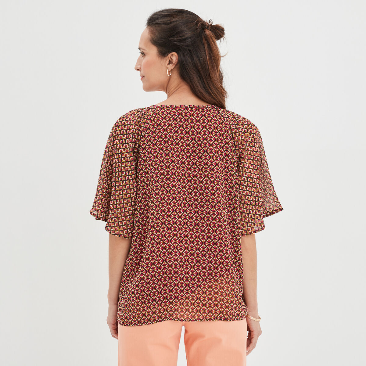 Blouse col tunisien avec cordons rose fushia femme
