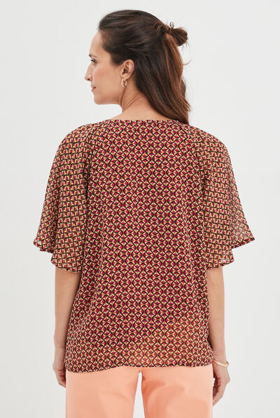 Blouse col tunisien avec cordons rose fushia femme