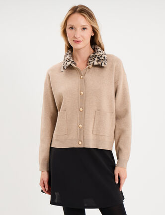 Gilet col fausse fourrure amovible ecru femme