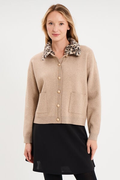 Gilet col fausse fourrure amovible ecru femme