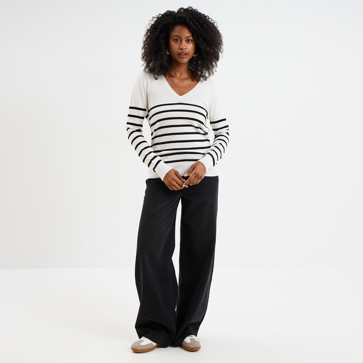 Pull col en V manches longues ecru femme | La Halle