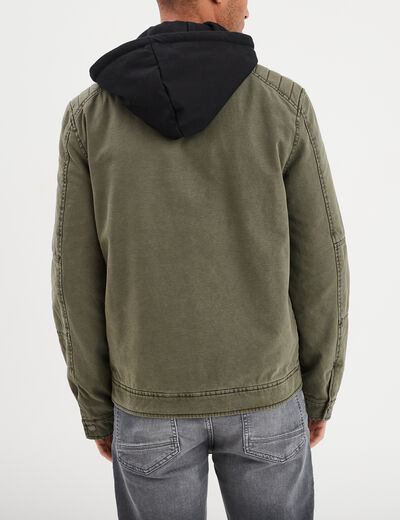 Veste doubl&eacute;e capuche amovible en coton vert kaki homme