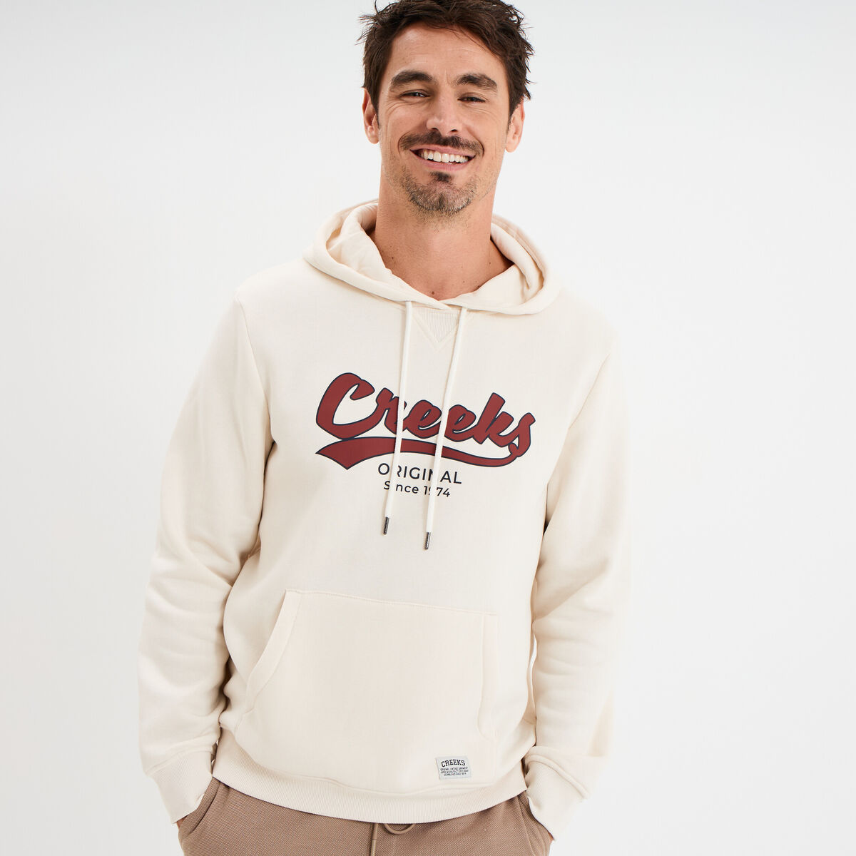 Sweat hoodie &agrave; capuche molleton 1 poche ecru homme