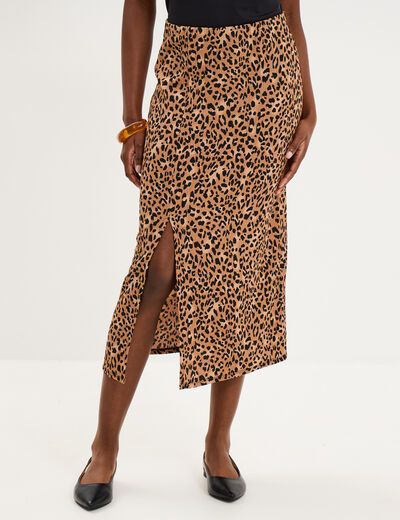 Jupe longue gaufr&eacute;e fluide beige femme