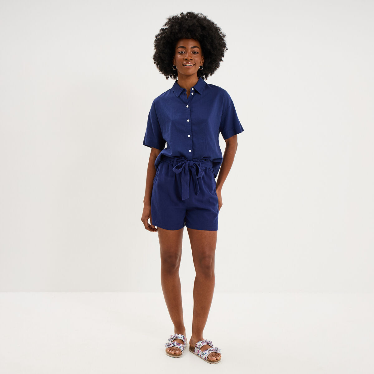 Short paperbag lin m&eacute;lang&eacute; bleu fonc&eacute; femme