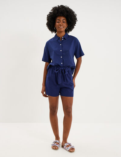 Short paperbag lin m&eacute;lang&eacute; bleu fonc&eacute; femme