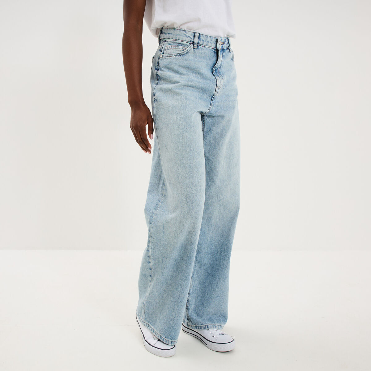 Jean large taille haute coton denim double stone femme
