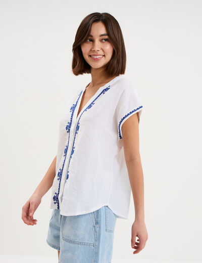 Blouse brod&eacute;e manches courtes blanc femme