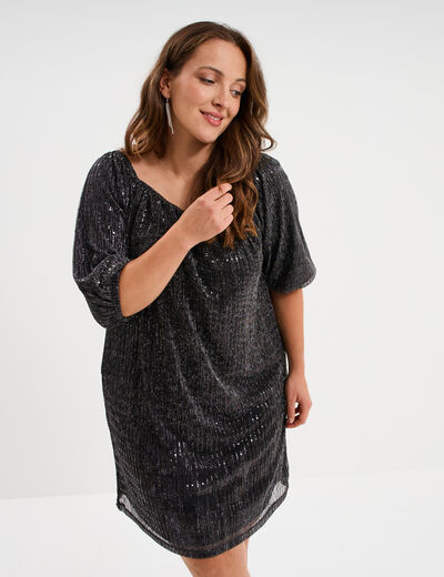 Robe &agrave; strass et manches 3/4 noir femme grande taille