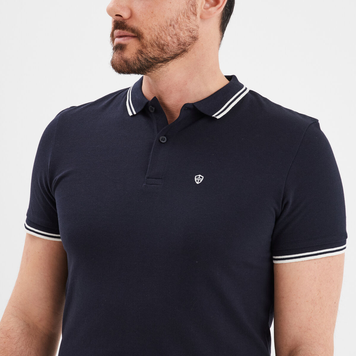 Polo piqu&eacute; coton manches courtes bleu marine homme