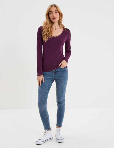 T-shirt manches longues col en V coton prune femme