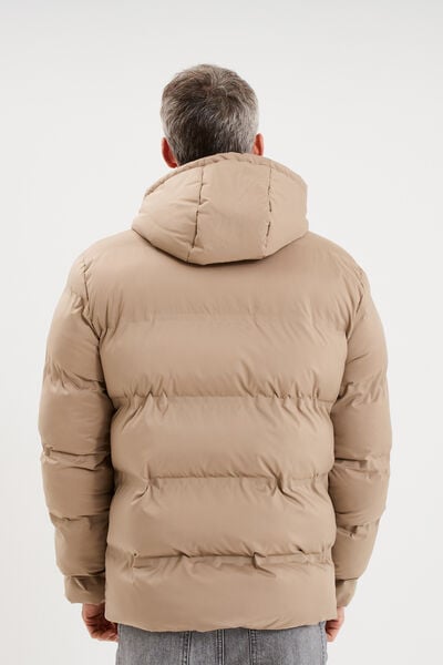 Doudoune courte &agrave; capuche d&eacute;perlante taupe homme