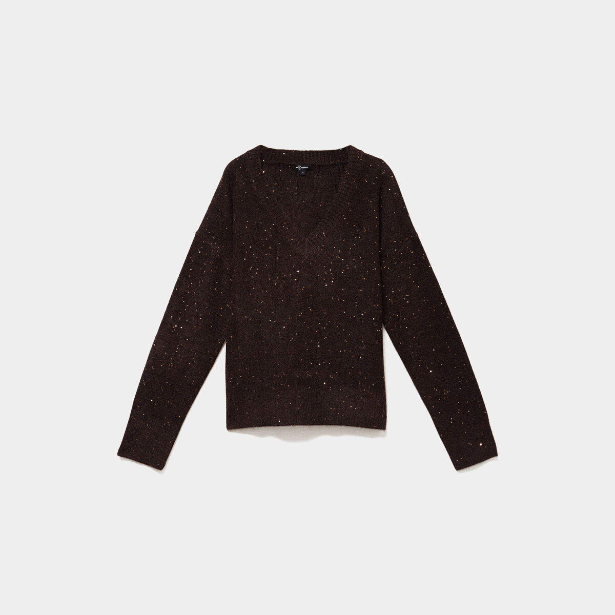 Pull droit &agrave; sequins et col en V marron fonc&eacute; femme