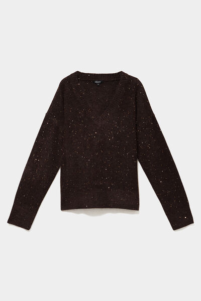 Pull droit &agrave; sequins et col en V marron fonc&eacute; femme