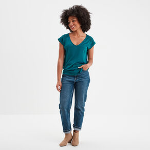 t shirt col en v dentelle epaules et dos bleu canard femme T-shirt col en V dentelle épaules et dos bleu canard femme