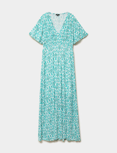Robe longue gaufr&eacute;e manches courtes ecru femme