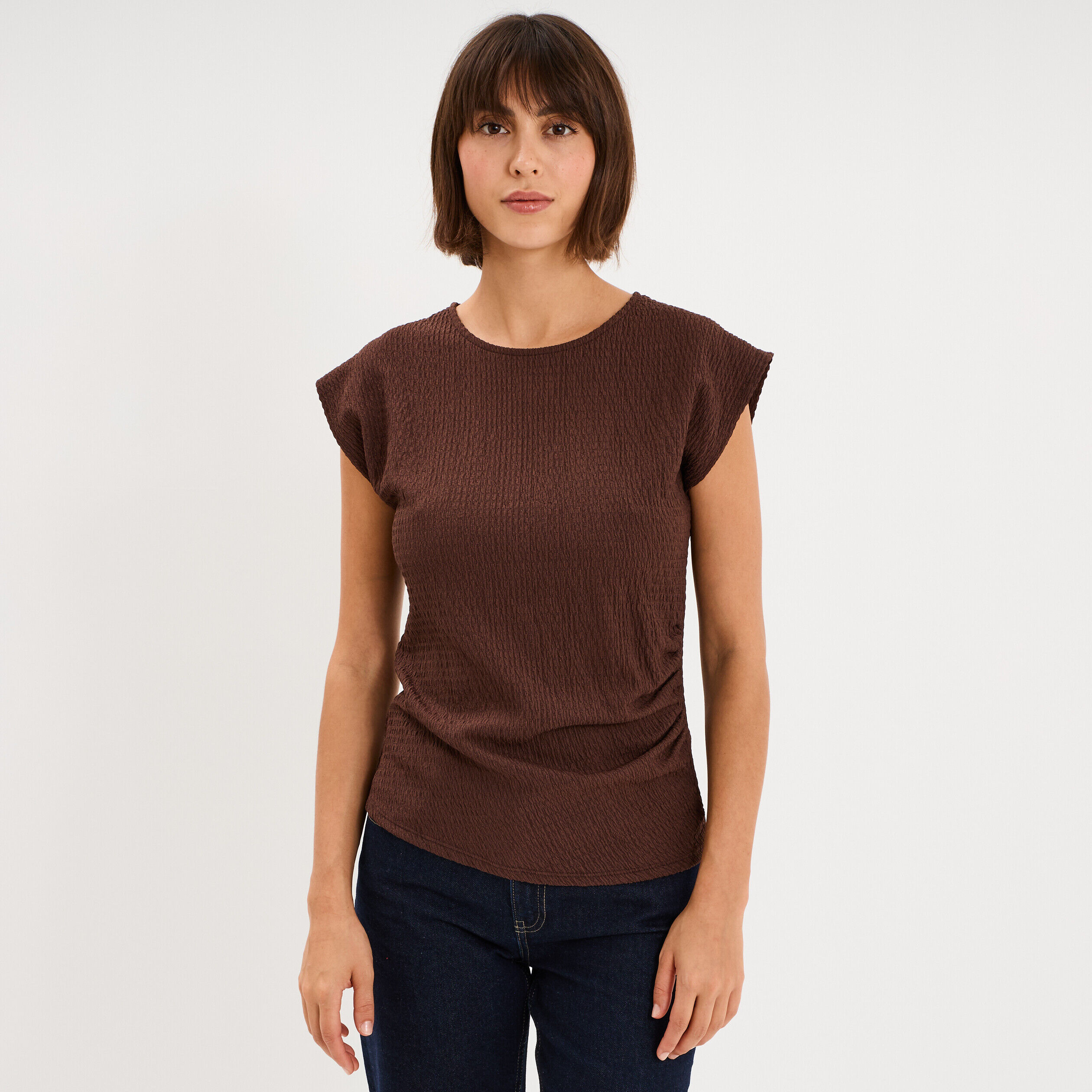 T-shirt froncé gaufré manches courtes marron foncé femme LIBERTO