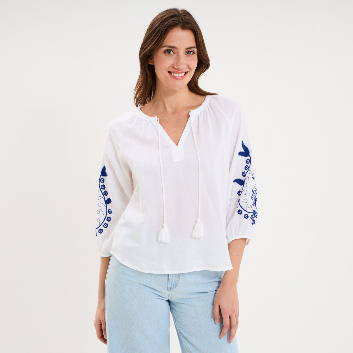 Blouse oversize manches brod&eacute;es coton blanc femme