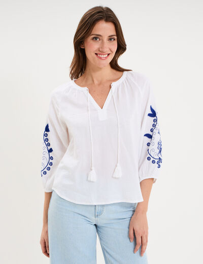 Blouse oversize manches brod&eacute;es coton blanc femme