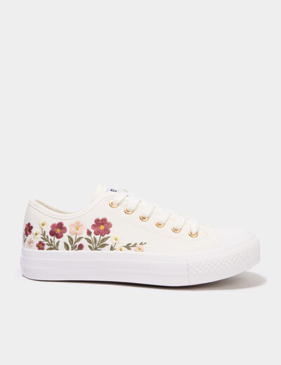 Tennis basses en toile brod&eacute;es blanc femme
