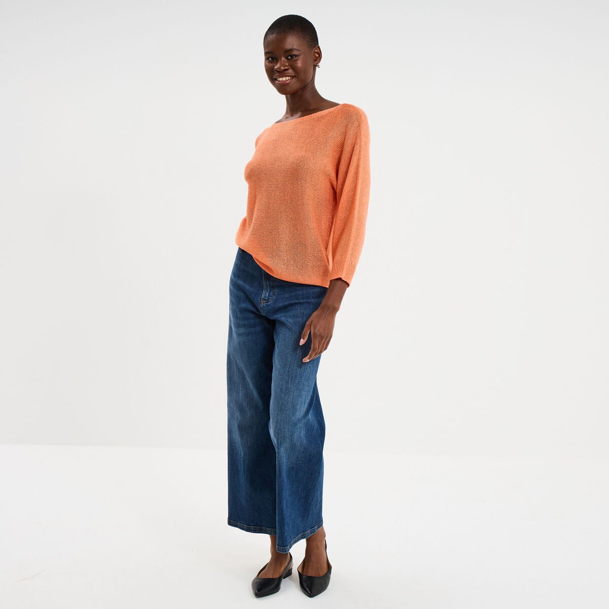 Pull droit col rond manches longues orange corail femme