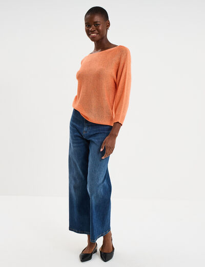 Pull droit col rond manches longues orange corail femme