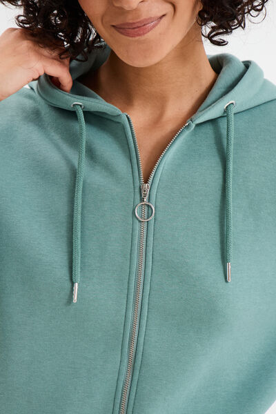 Sweat zipp&eacute; &agrave; capuche court bleu gris femme