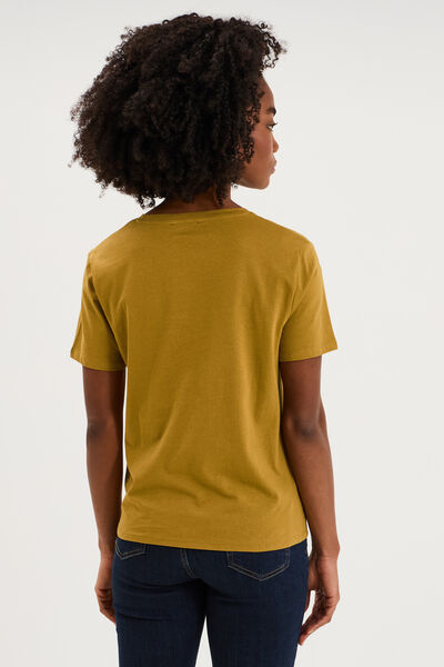 T-shirt col rond manches courtes coton vert olive femme