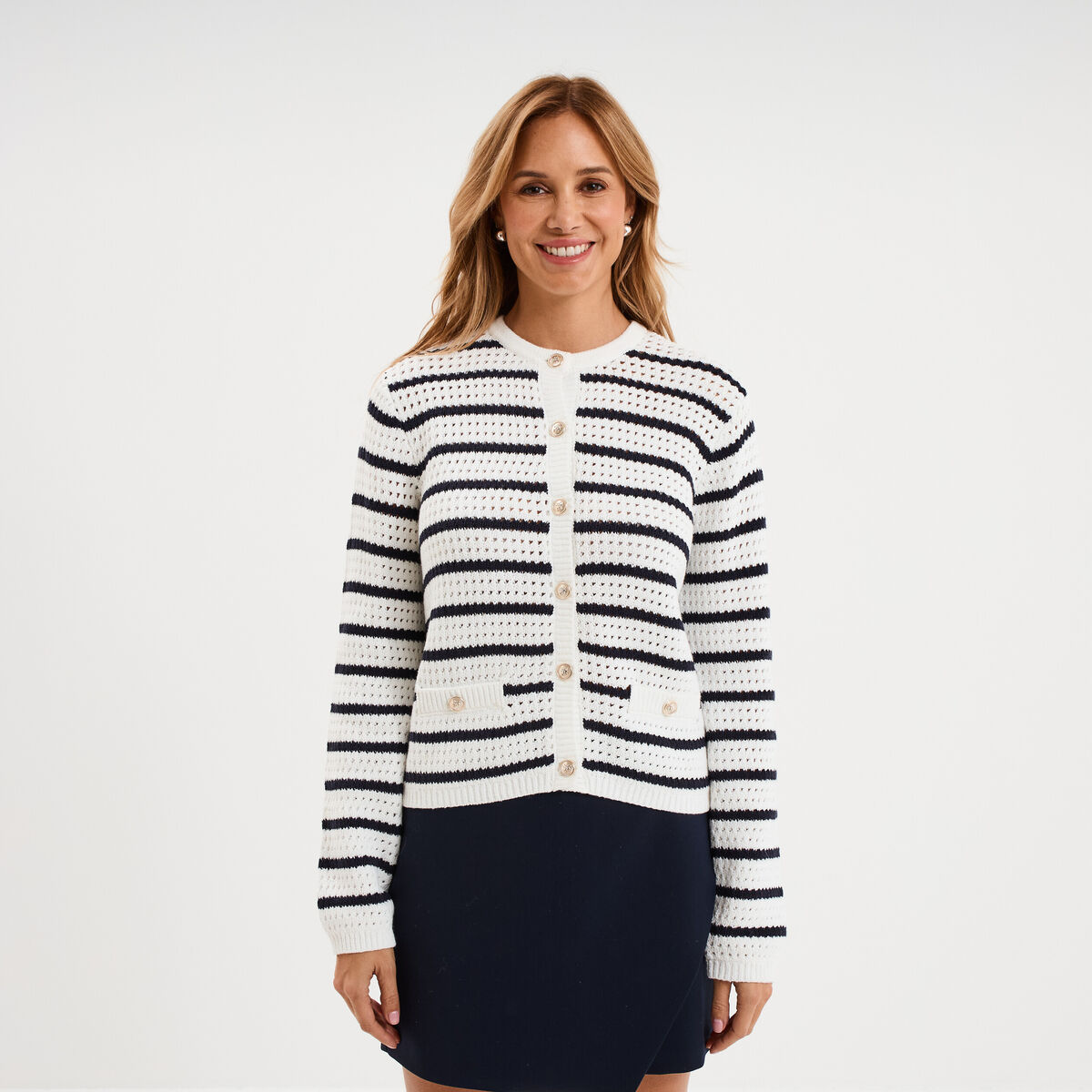 Gilet effet ajour&eacute; manches longues coton ecru femme