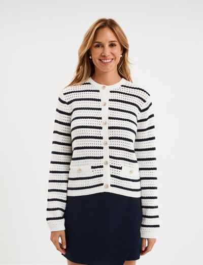 Gilet effet ajour&eacute; manches longues coton ecru femme