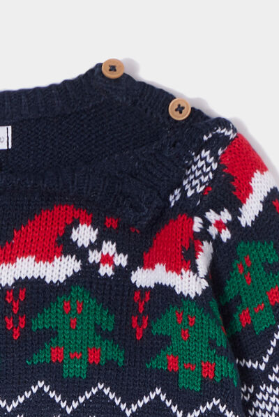 Pull de Noël épaule boutonnée Kimbaloo bleu marine bébé garçon