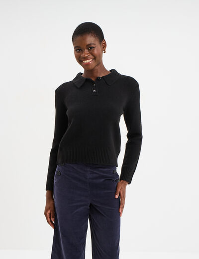 Pull col polo manches longues noir femme