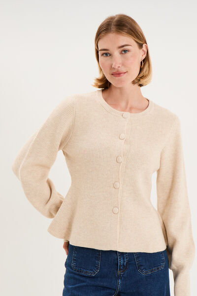 Gilet col rond boutonn&eacute; peplum ecru femme