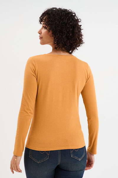 T-shirt coton col rond manches longues jaune moutarde femme