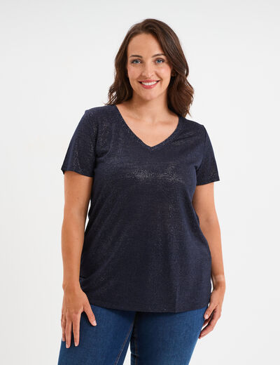 T-shirt col en V manches courtes bleu foncé femme grande taille