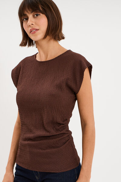 T-shirt fronc&eacute; gaufr&eacute; manches courtes marron fonc&eacute; femme