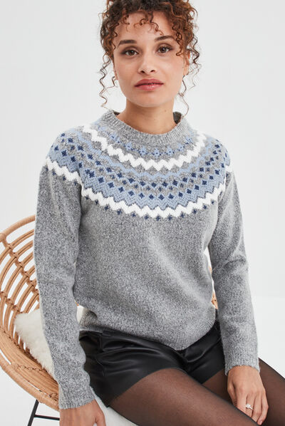 Pull jacquard col rond Creeks gris clair femme