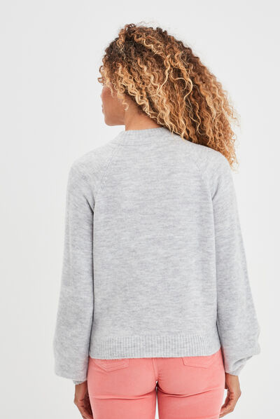 Pull avec perles et manches ballons gris clair femme