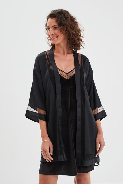 Déshabillé satin à plumetis Mosquitos noir femme
