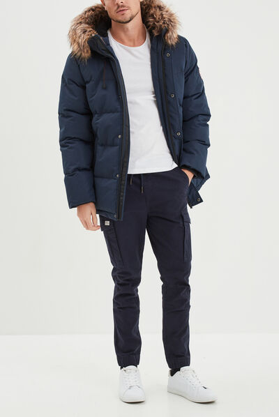 Parka courte avec capuche fourrure bleu marine homme