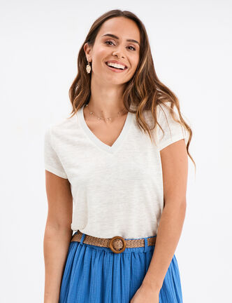 T-shirt col en V manches courtes blanc femme