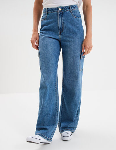 Jeans cargo large coton denim stone femme