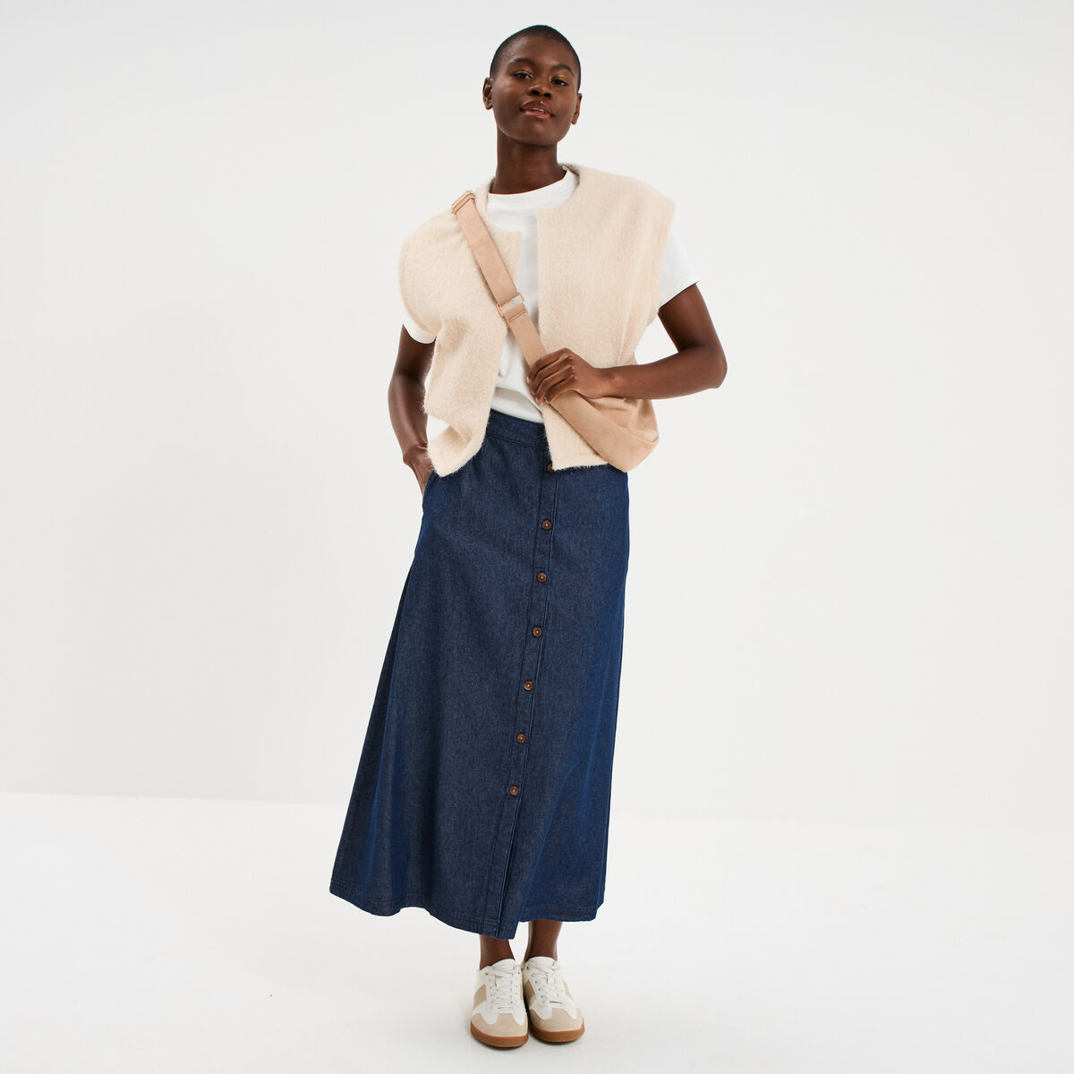 Jupe longue en jean boutonn&eacute;e coton denim brut femme