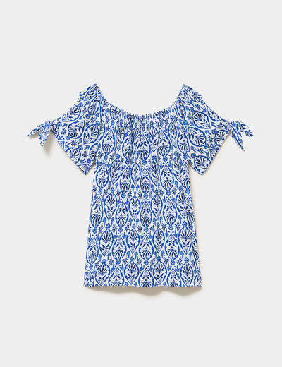 T-shirt gaufr&eacute; avec manches &agrave; noeuds ecru femme grande taille