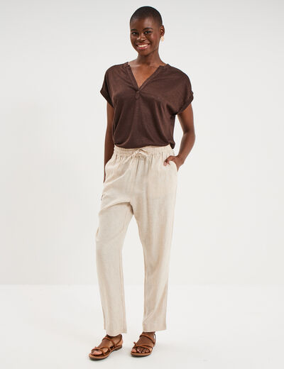 Pantalon droit 7/8&egrave;me lin m&eacute;lang&eacute; beige femme