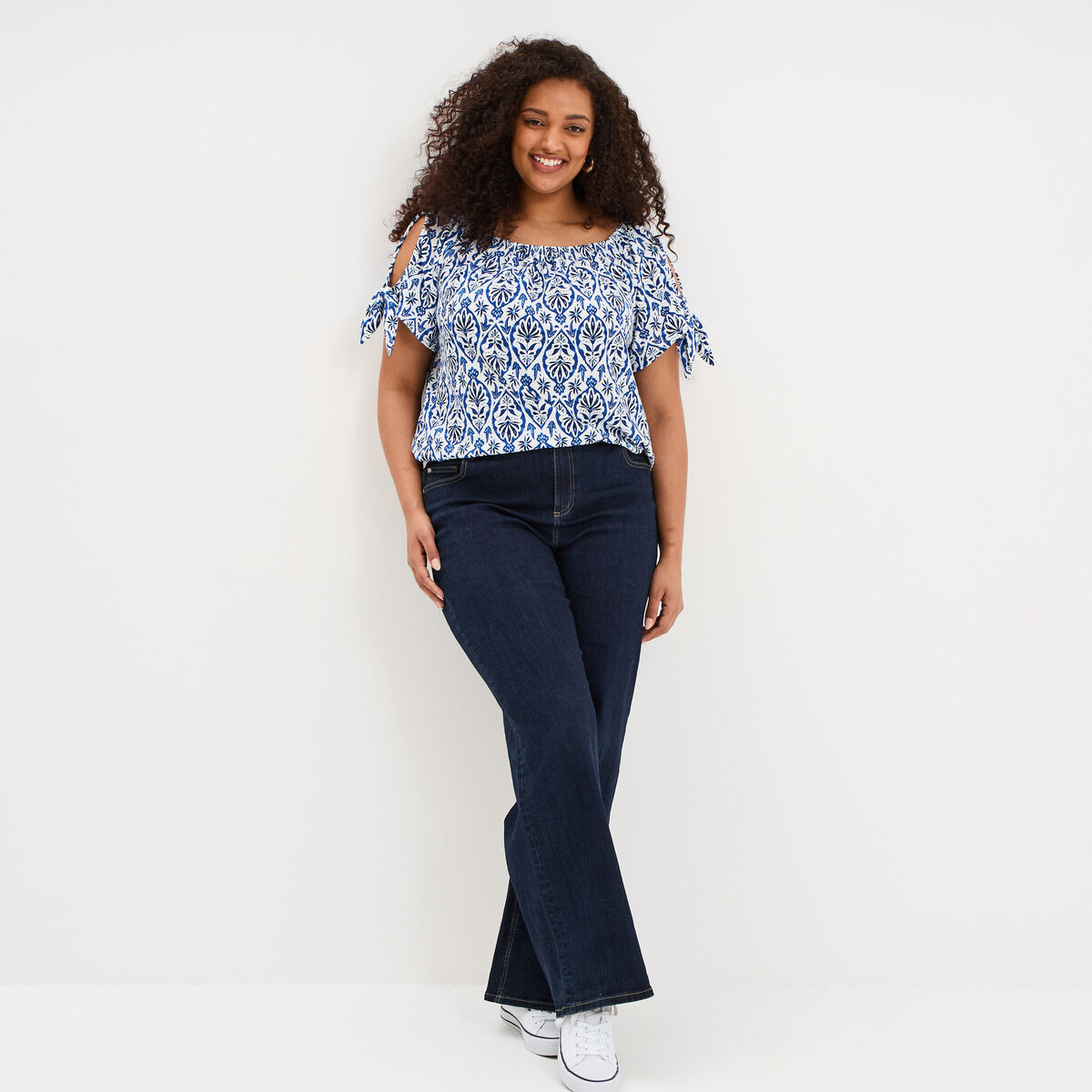 T-shirt gaufr&eacute; avec manches &agrave; noeuds ecru femme grande taille