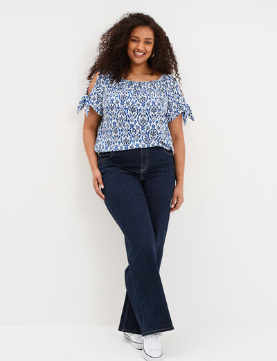 T-shirt gaufr&eacute; avec manches &agrave; noeuds ecru femme grande taille